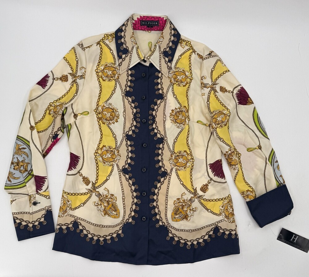VINTAGE New Tommy HIlfiger Shirt Womens 10 ECU Print Silk Button Up Long Sleeve